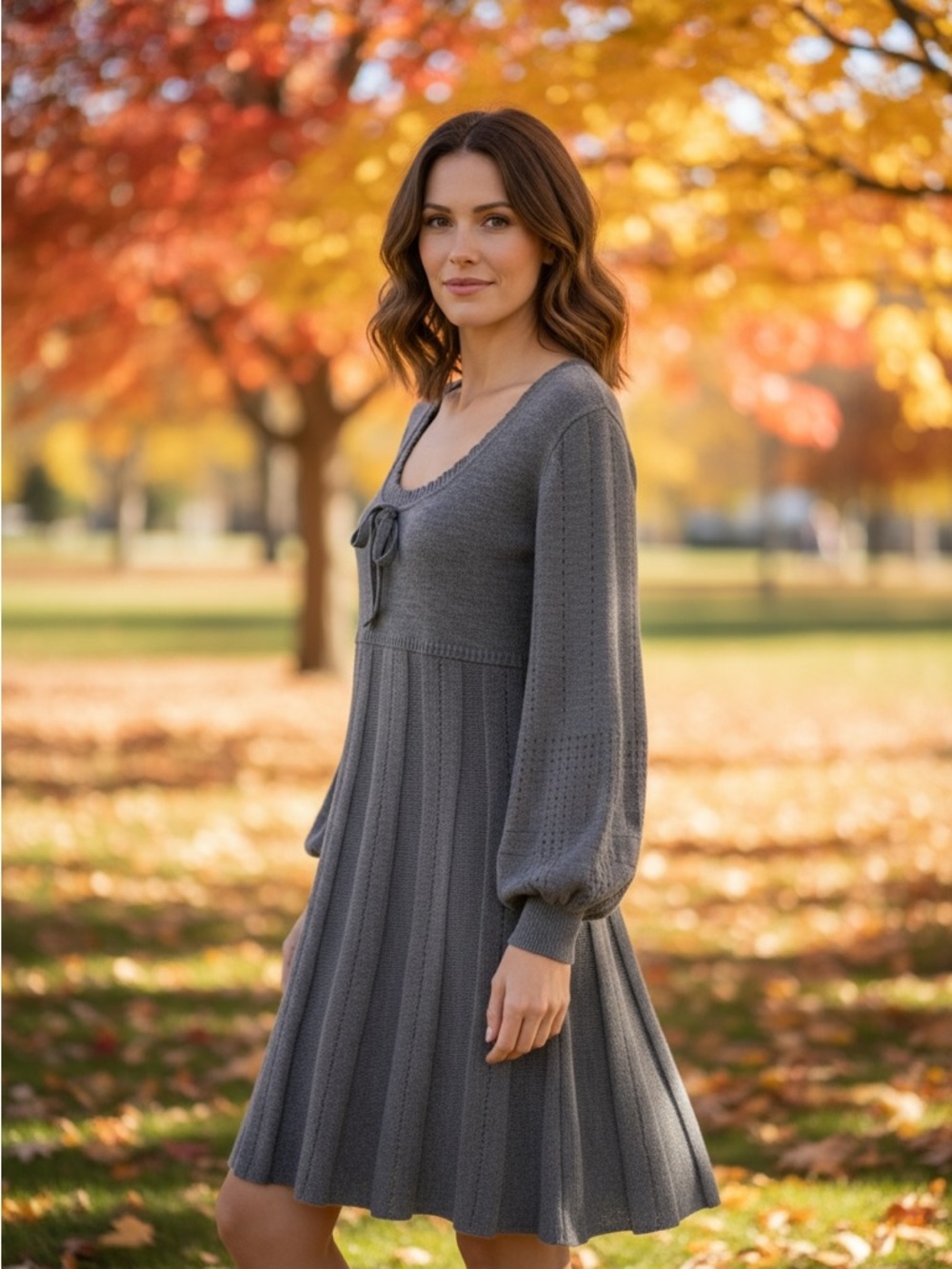 VENUS Charcoal Knit Long Puff Sleeve Scoop Scallop Neck & Tie Sweater Midi Dress